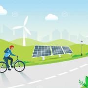 Homme a velo avec panneaux solaires et eoliennes arriere plan reutilisation des energies renouvelables vertes propres 223081636
